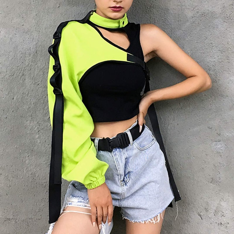 FlyCC Women Sexy One Shoulder Adjustable Buckle Crop Tops - Reflective Festival Rave Form Fitting Shrugs - Image 3